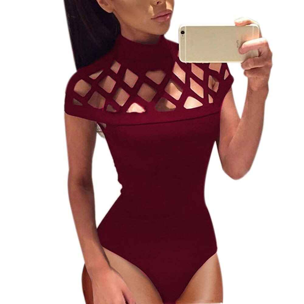 Body Col Montant Sans Manche Rouge Bordeaux Femme