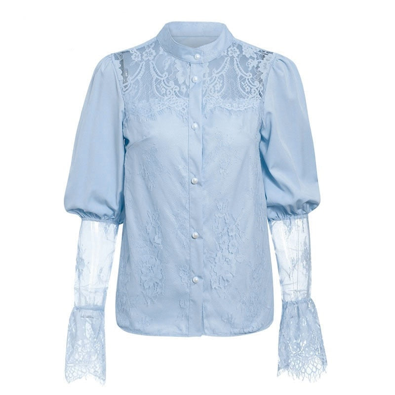 Chemisier Dentelle Col Montant Bleu