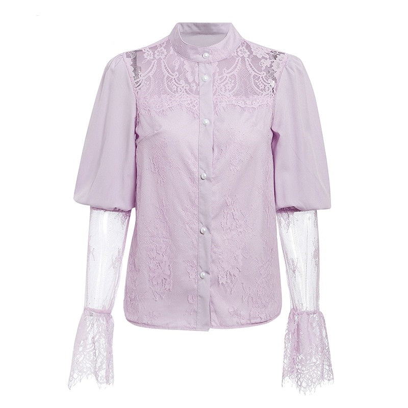 Chemisier Dentelle Col Montant Rose