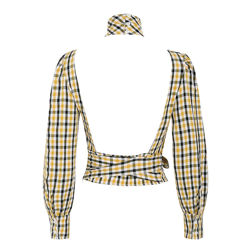 crop top carreaux noeud boutons