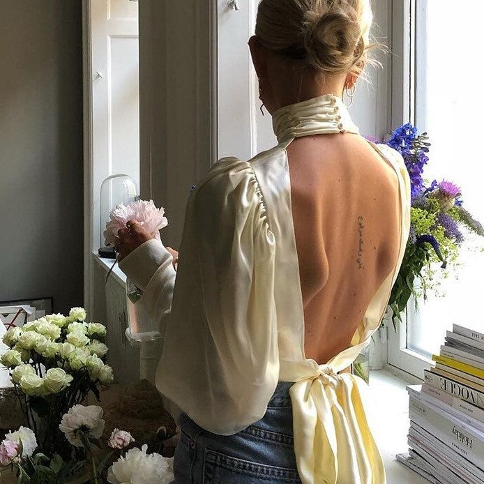 Crop Top Col Roulé Manche Longue Noeud