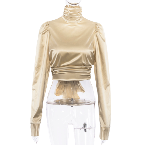 Crop Top Col Roulé Manches Longues