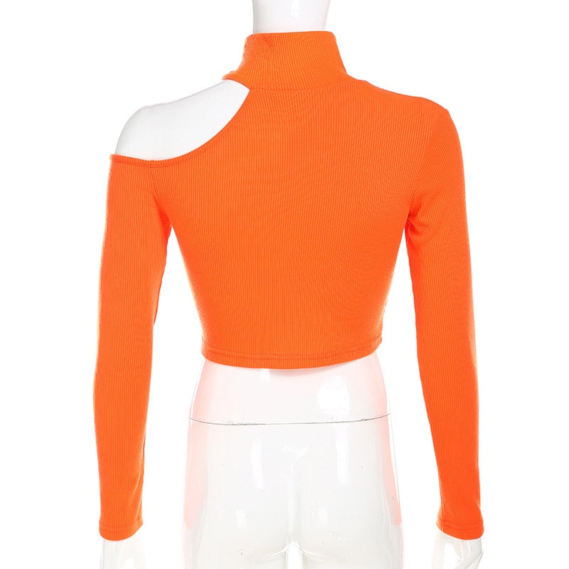 Crop Top Epaule Dénudée Manche Longue Orange