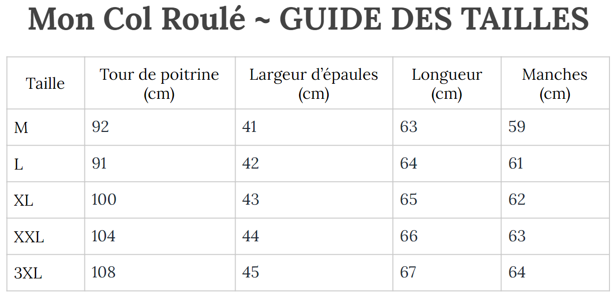 Guide des Tailles MonColRoulé