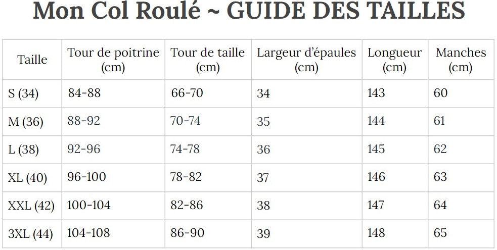 Guide des Tailles MonColRoulé
