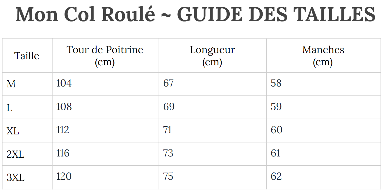 Guide des Tailles MonColRoulé