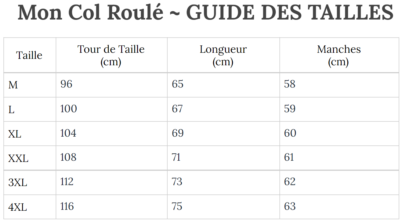 Guide des Tailles MonColroulé