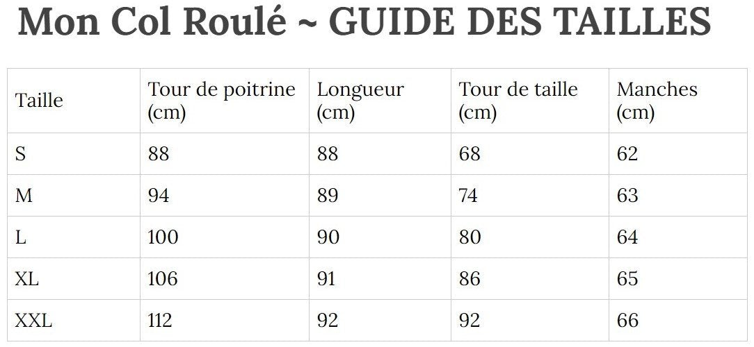 Guide des Tailles MonColRoulé