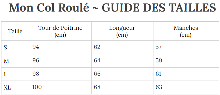 Guide des Tailles MonColRoulé