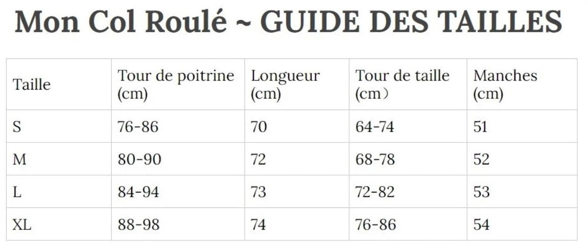 Guide des Tailles MonColRoulé
