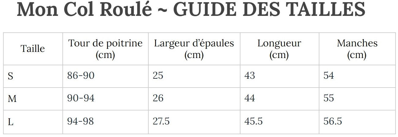 Guide des Tailles MonColRoulé