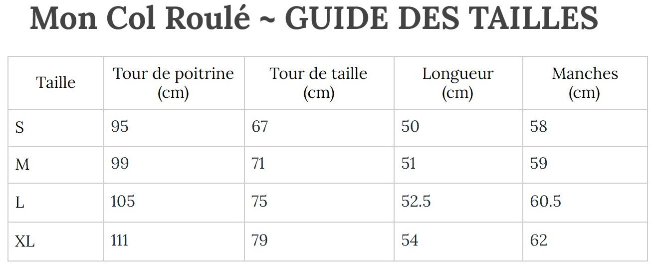Guide des Tailles MonColRoulé