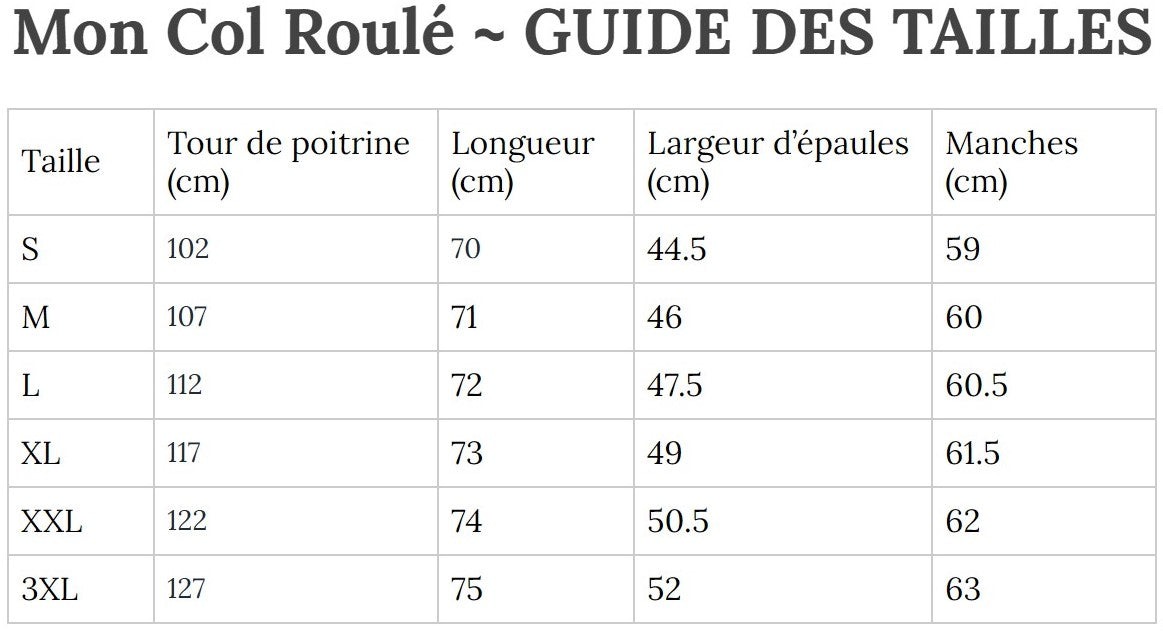Guide des Tailles MonColRoulé