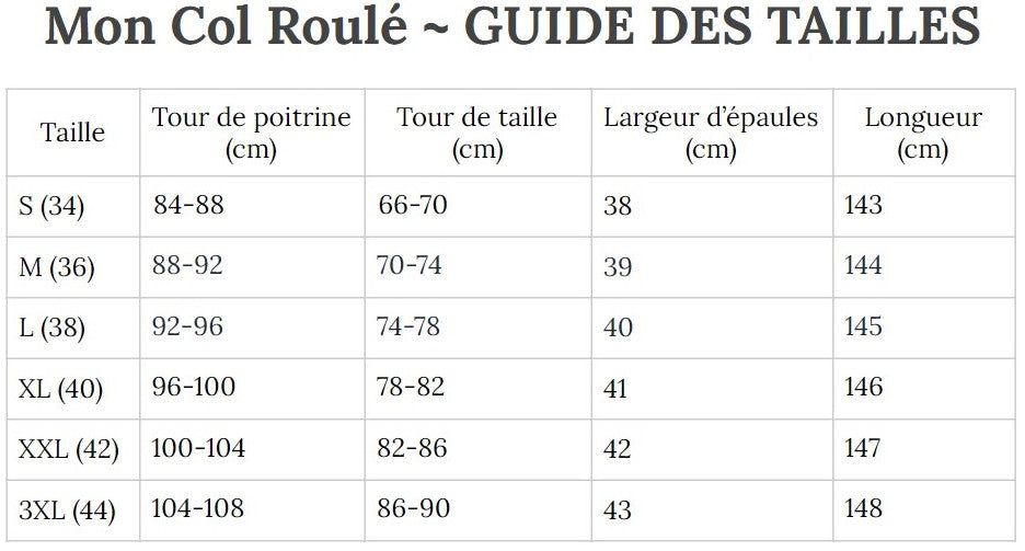 Guide des Tailles MonColRoulé