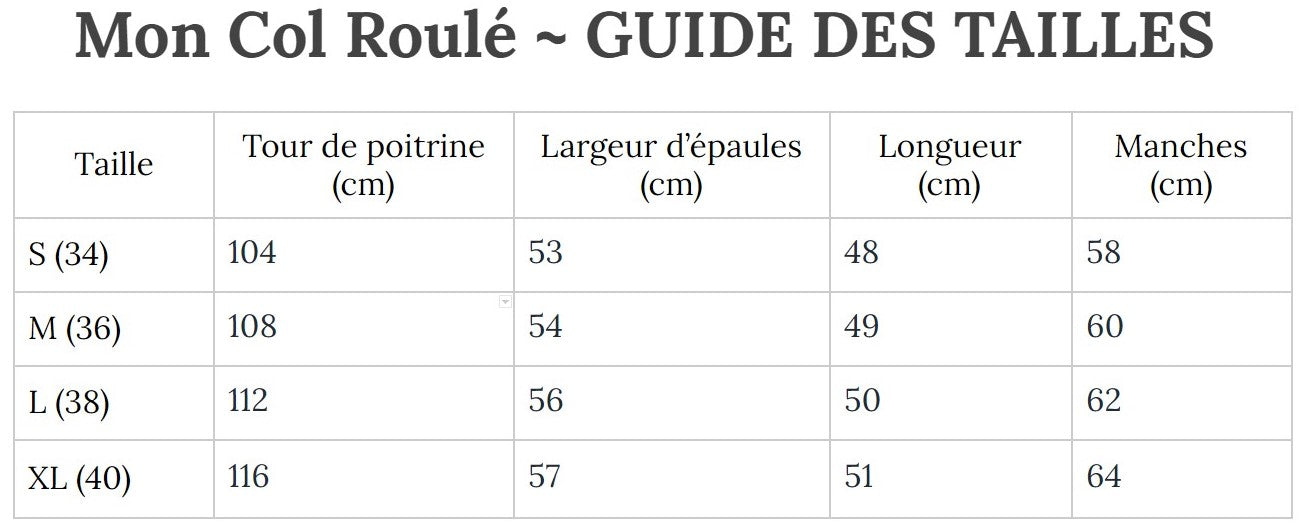Guide des Tailles MonColRoulé