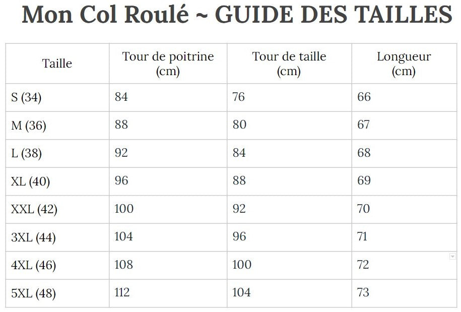 Guide des Tailles MonColRoulé