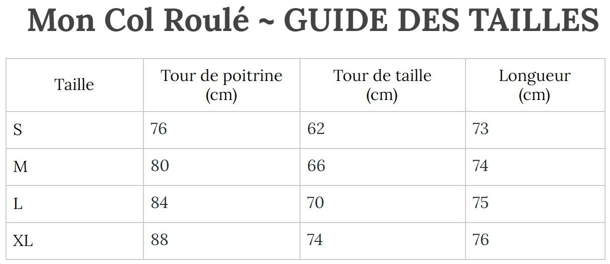 Guide des Tailles MonColRoulé