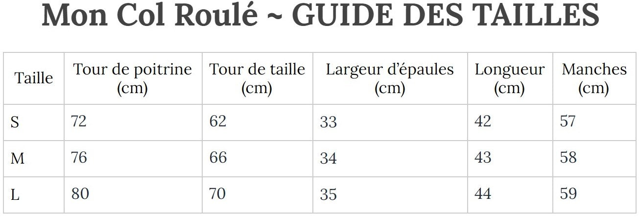 Guide des Tailles MonColRoulé