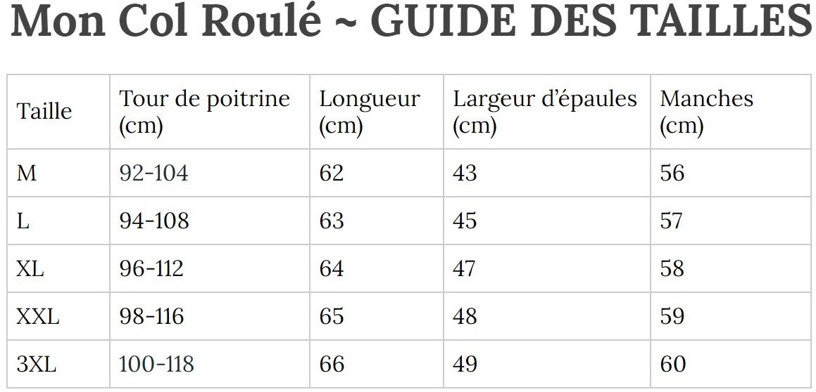 Guide des Tailles MonColRoulé