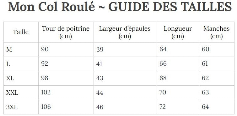 Guide des Tailles MonColRoulé