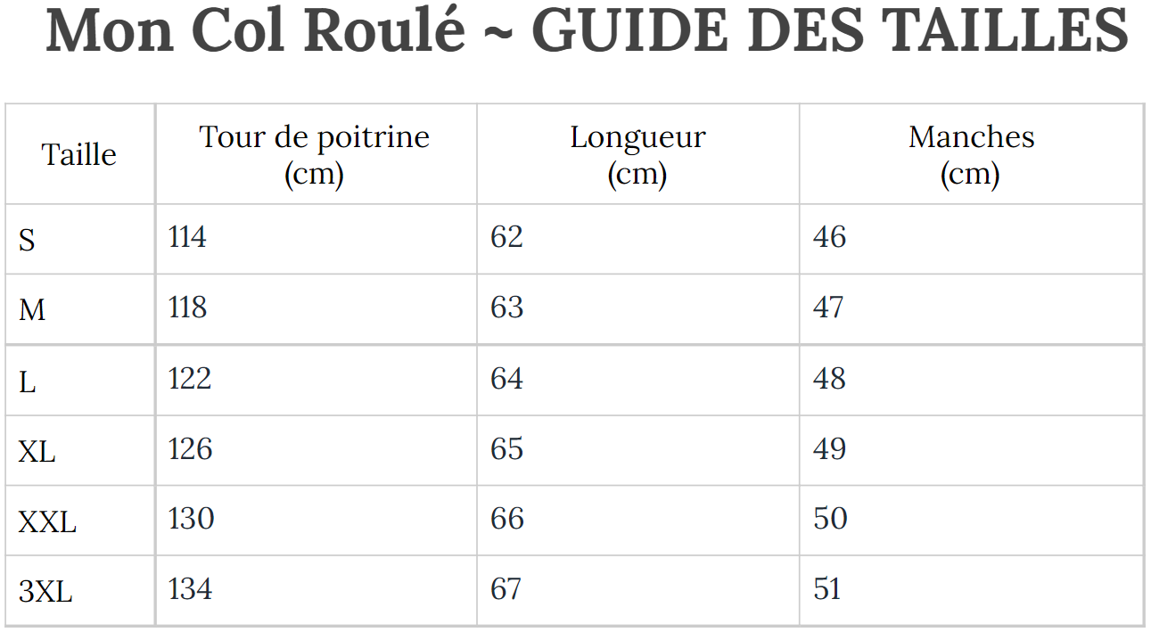 Guide des Tailles MonColRoulé