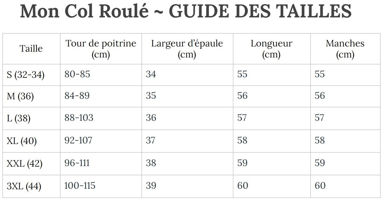 Guide des Tailles MonColRoulé