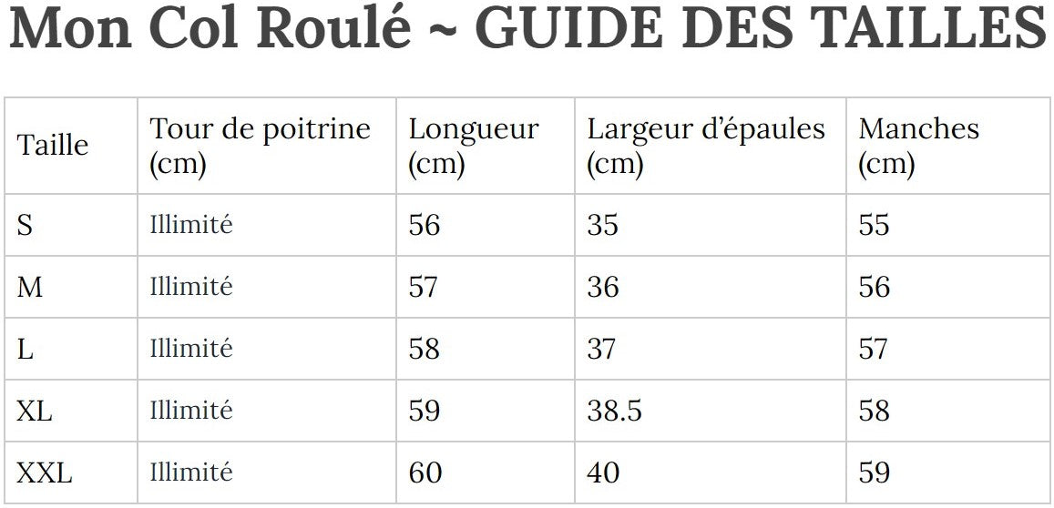 Guide des Tailles MonColRoulé