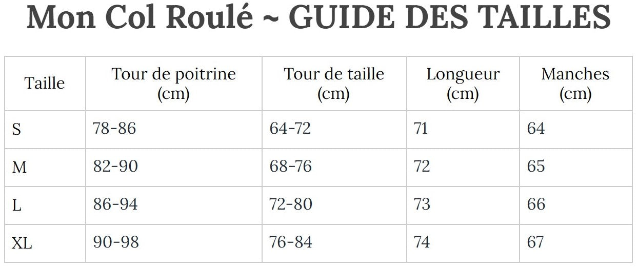 Guide des Tailles MonColRoulé
