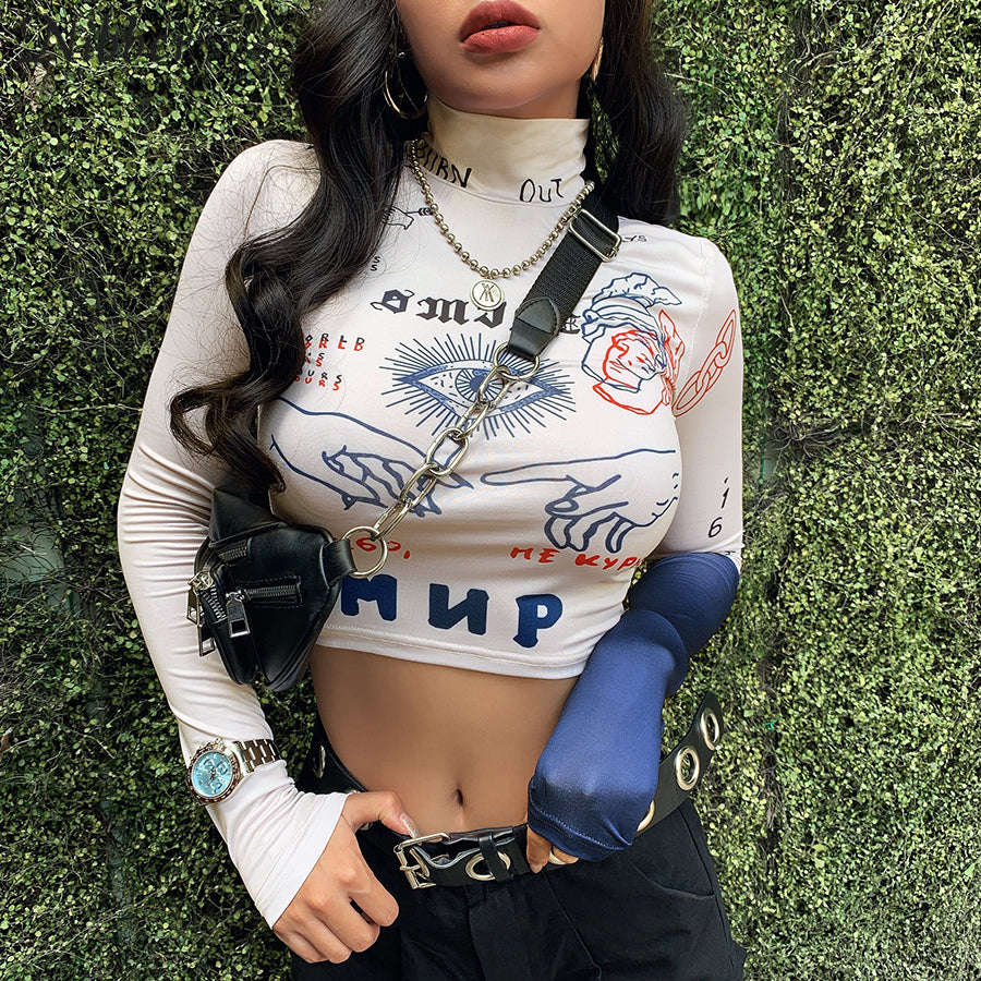 Crop Top Col Roulé Dessins