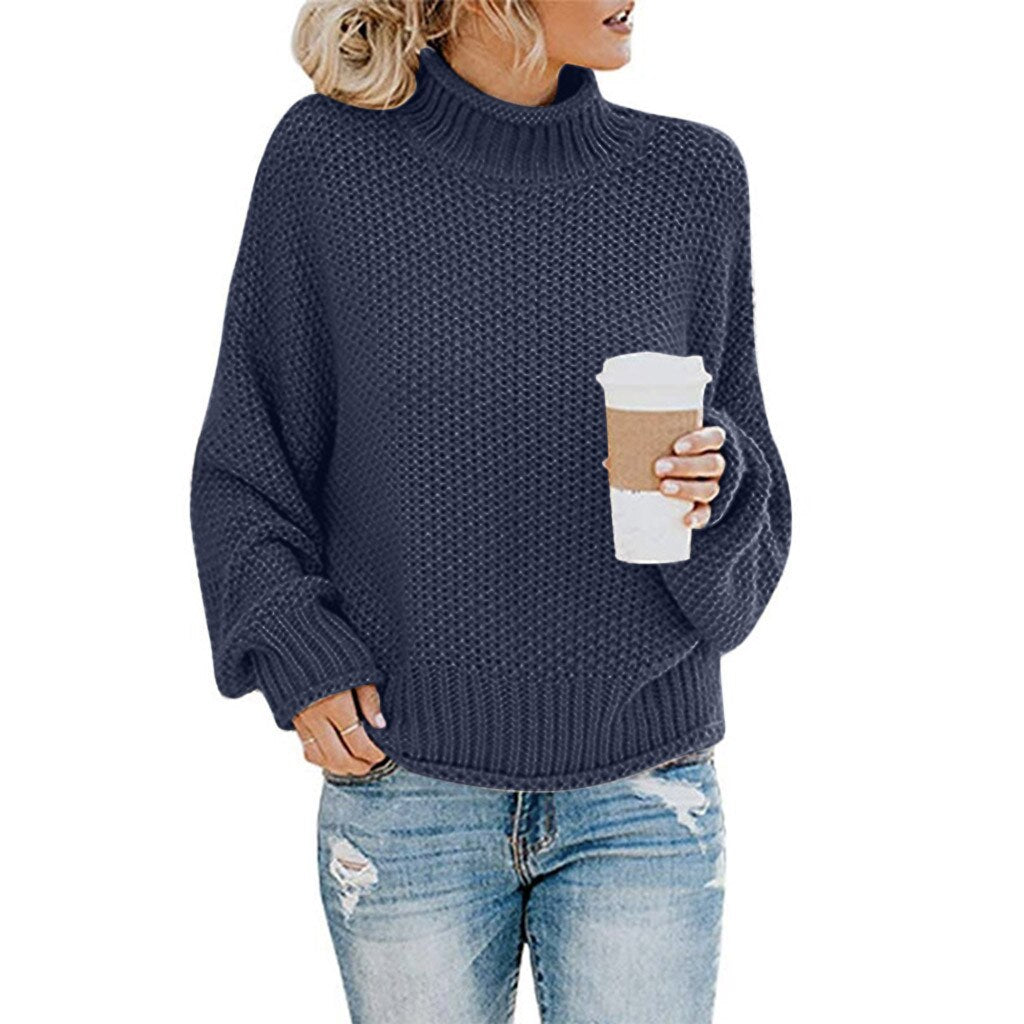 Pull Chaude Col Montante Femme Bleue Marin