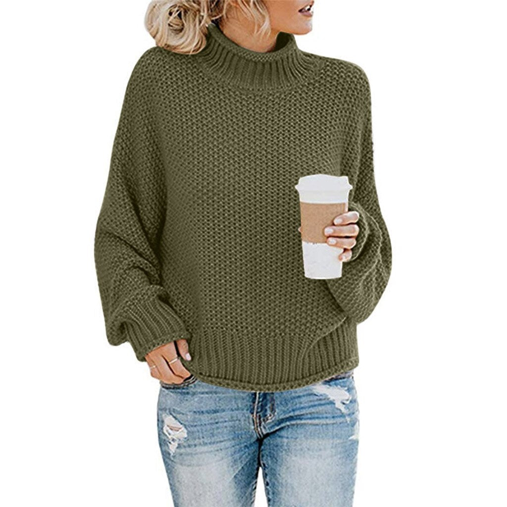 Pull Chaude Col Montante Femme Verte Fonce
