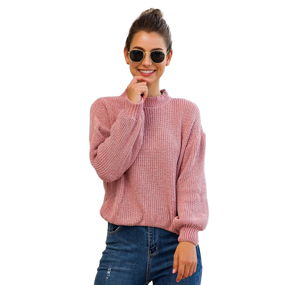 Pull Rose Pâle Col Semi-Montant Femme
