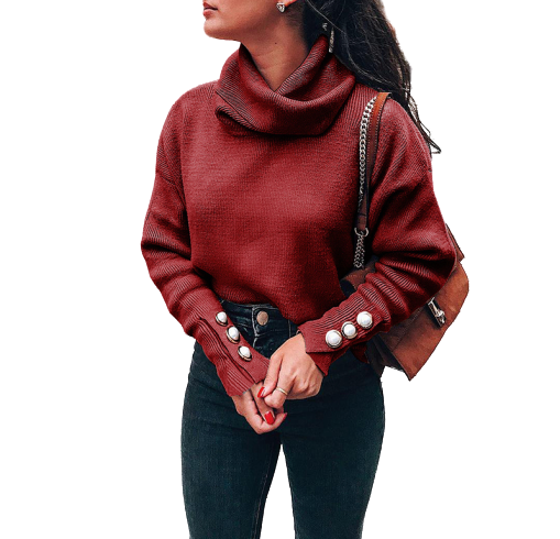 Pull Col Roule Rouge Bordeaux Femme