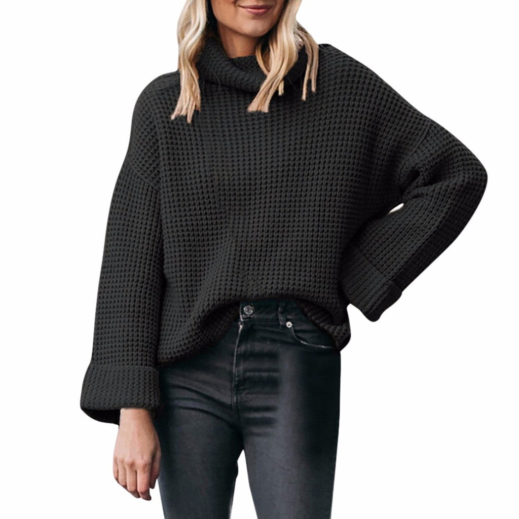 Pull Col Roulé Ample Femme Noire