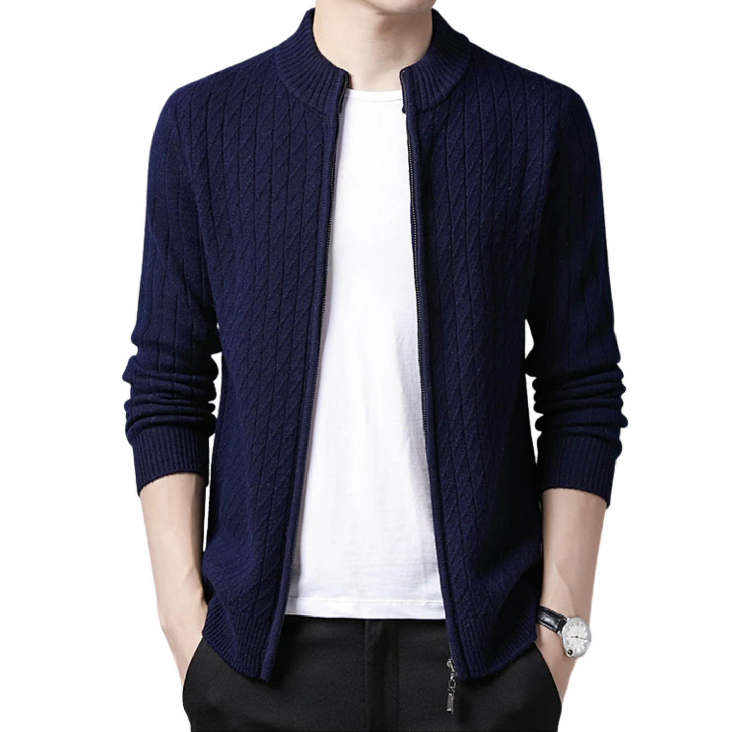 Veste Cachemire Homme Bleu Marine Col Haut