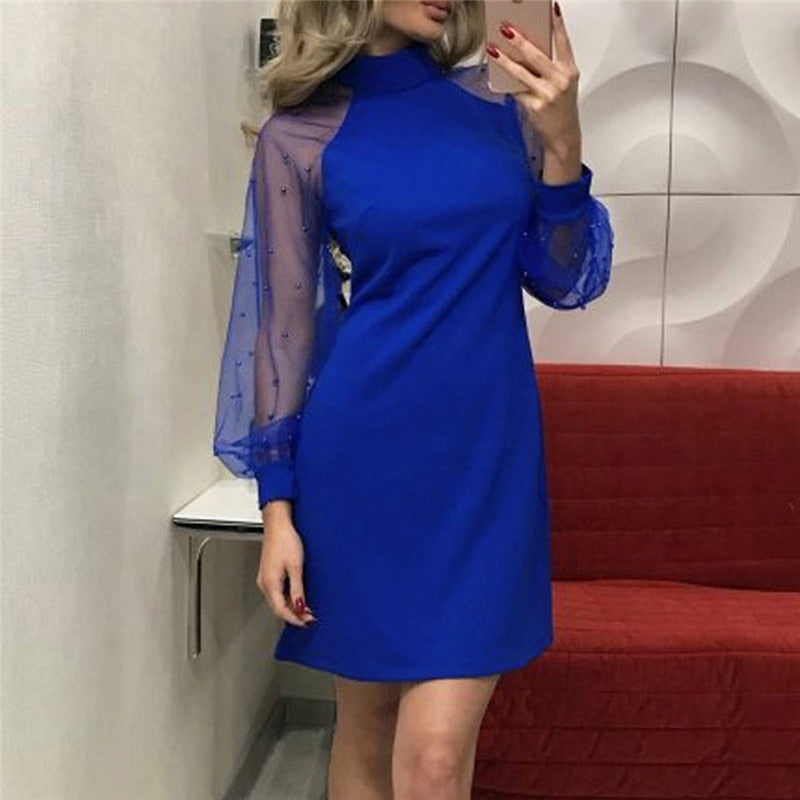 Robe Transparente Col Montant en Maille Armurée Bleu Marine