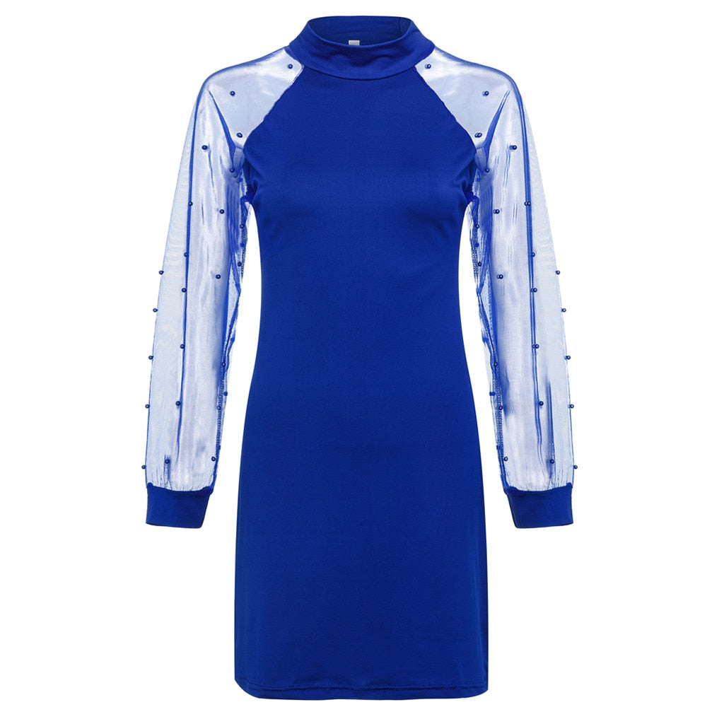 robe transparente col montant en maille armurée bleue