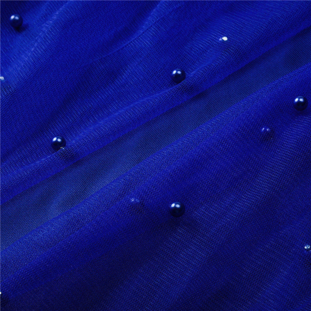 Robe Transparente Col Montant en Maille Armurée Bleue