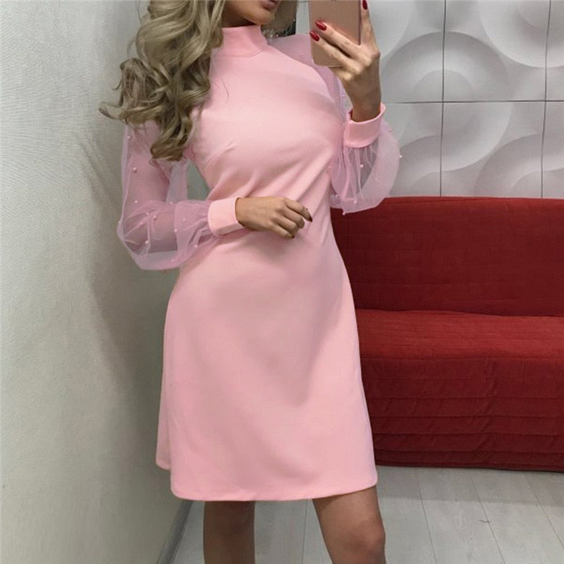 robe transparente col montant en maille armurée rose