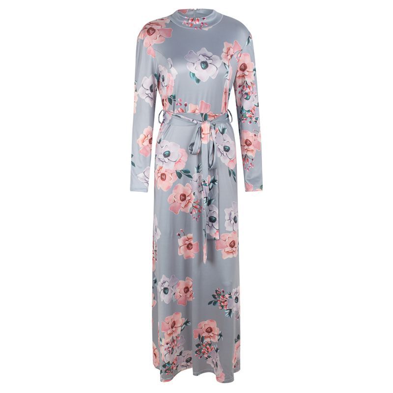 Robe d'Eté Col Montant Manche Longue Bleu Clair