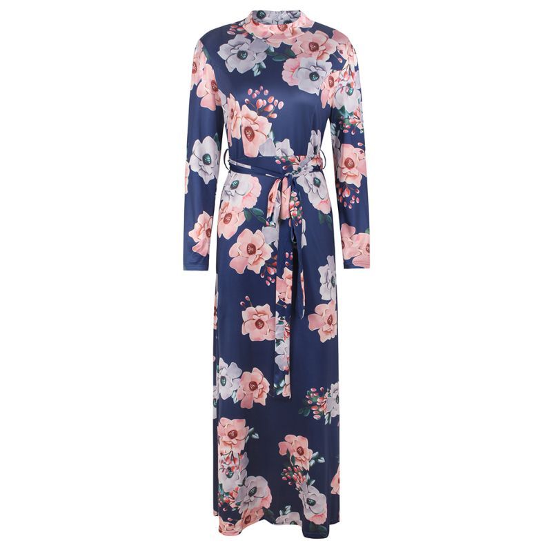 Robe d'Eté Col Montant Manche Longue Bleu Marine