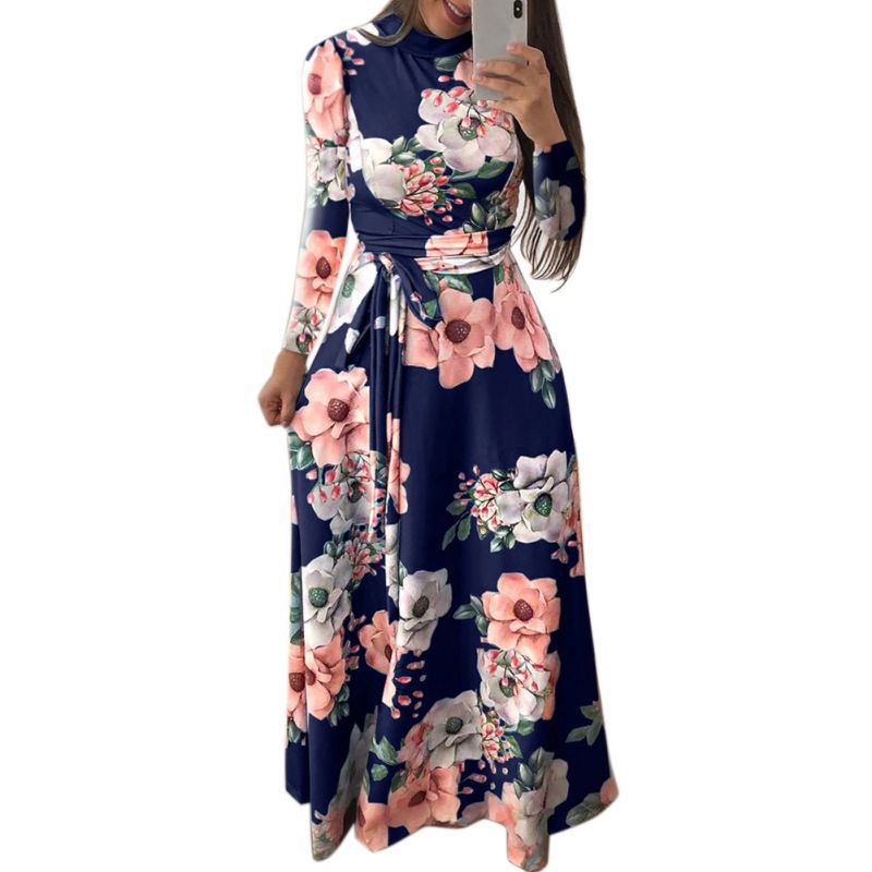 robe été col montant manches longues bleue marine