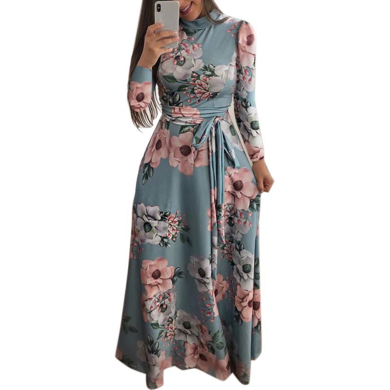 Robe été col montant manches longues bleu clair