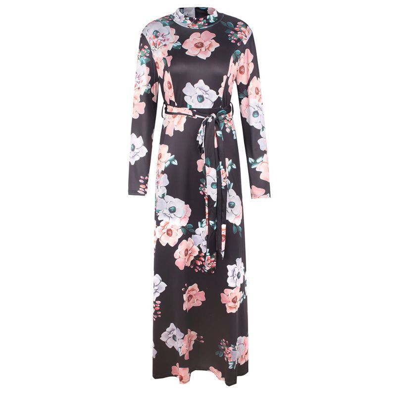 Robe d'Eté Col Montant Manche Longue Noir