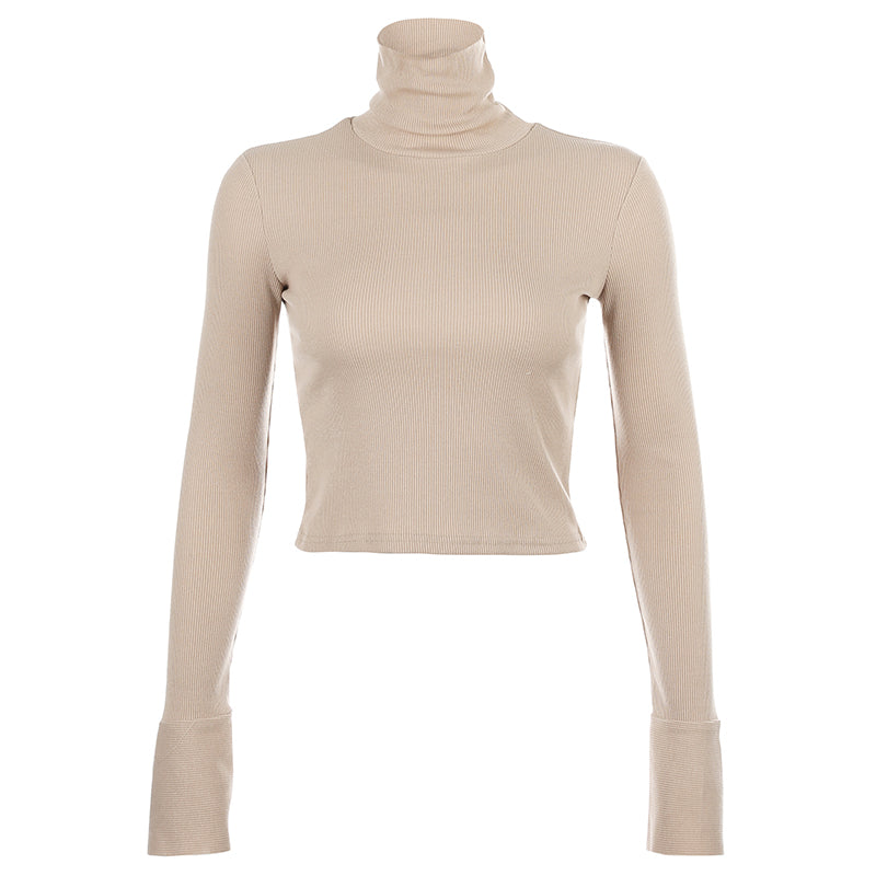 Crop Top Col Roulé Beige