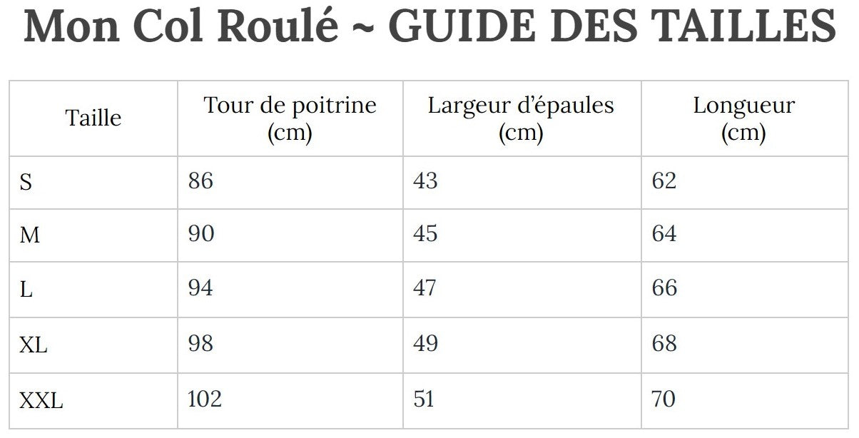 Guide des Tailles MonColRoulé