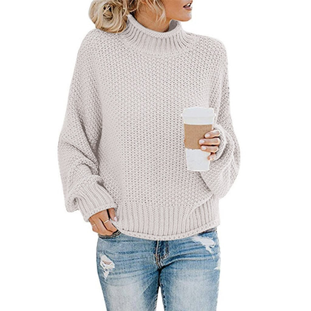 Pull Chaud Col Montant Femme Beige Clair