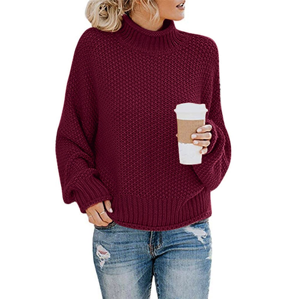 Pull Chaud Col Montant Femme Rouge Foncé