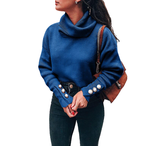 Pull Col Roule Bleu Foncé Femme