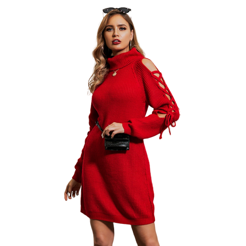 Robe Pull Col Roule Rouge Femme